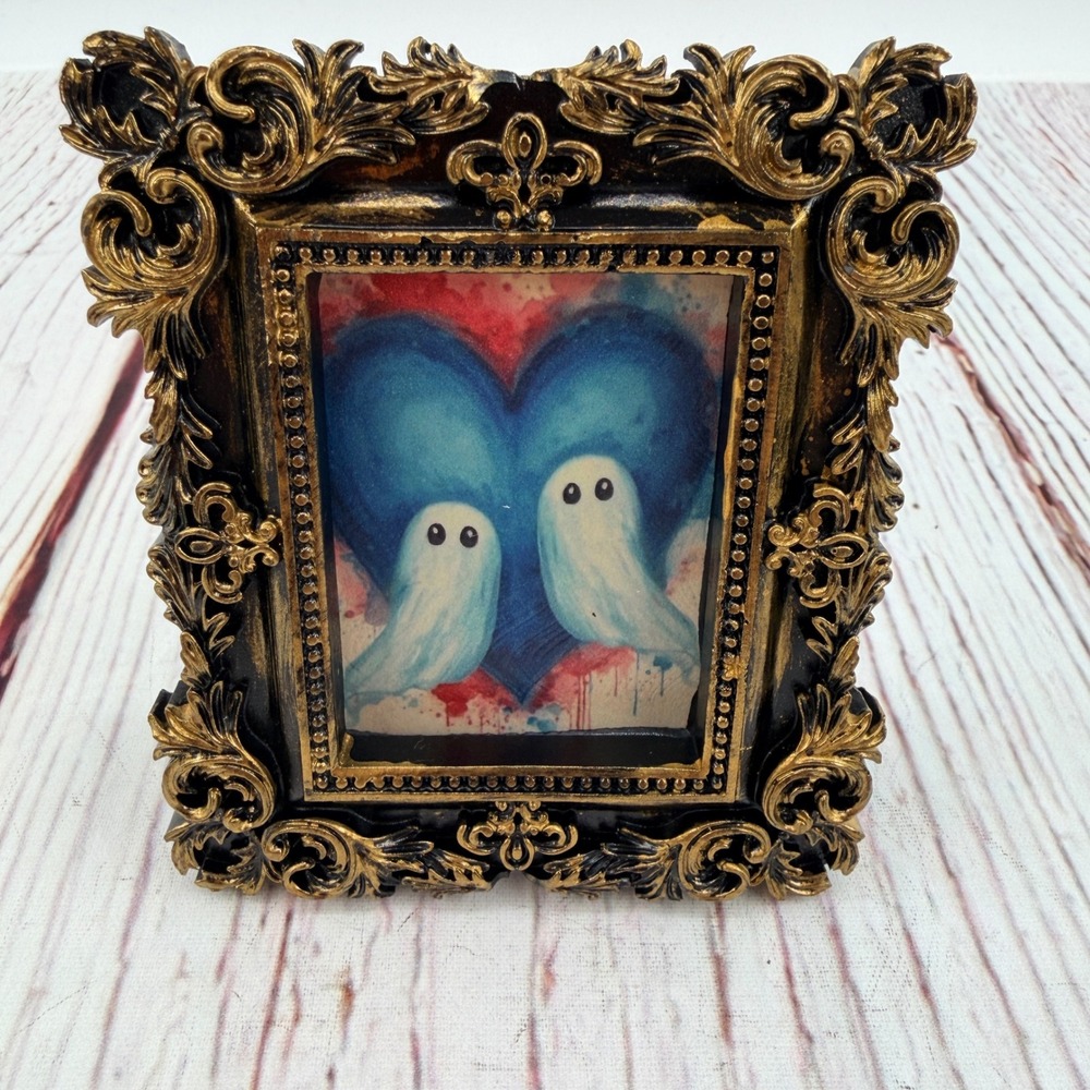 Handmade Ghost Heart Decoupage Art Ornate Gold Black Resin Frame Mini